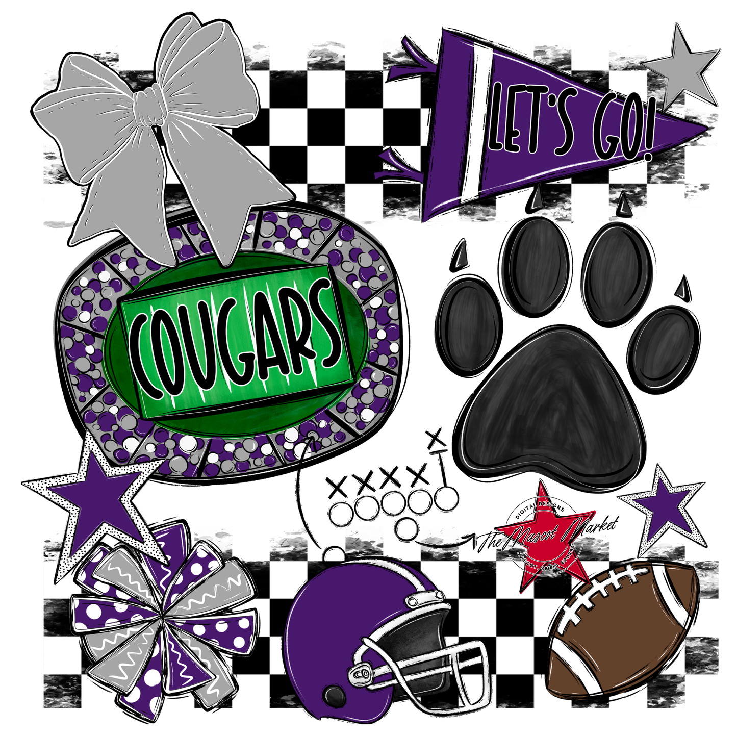 Cougars Checkers Mascot Spirit Design w Paw-Purple-Grey
