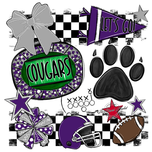 Cougars Checkers Mascot Spirit Design w Paw-Purple-Grey