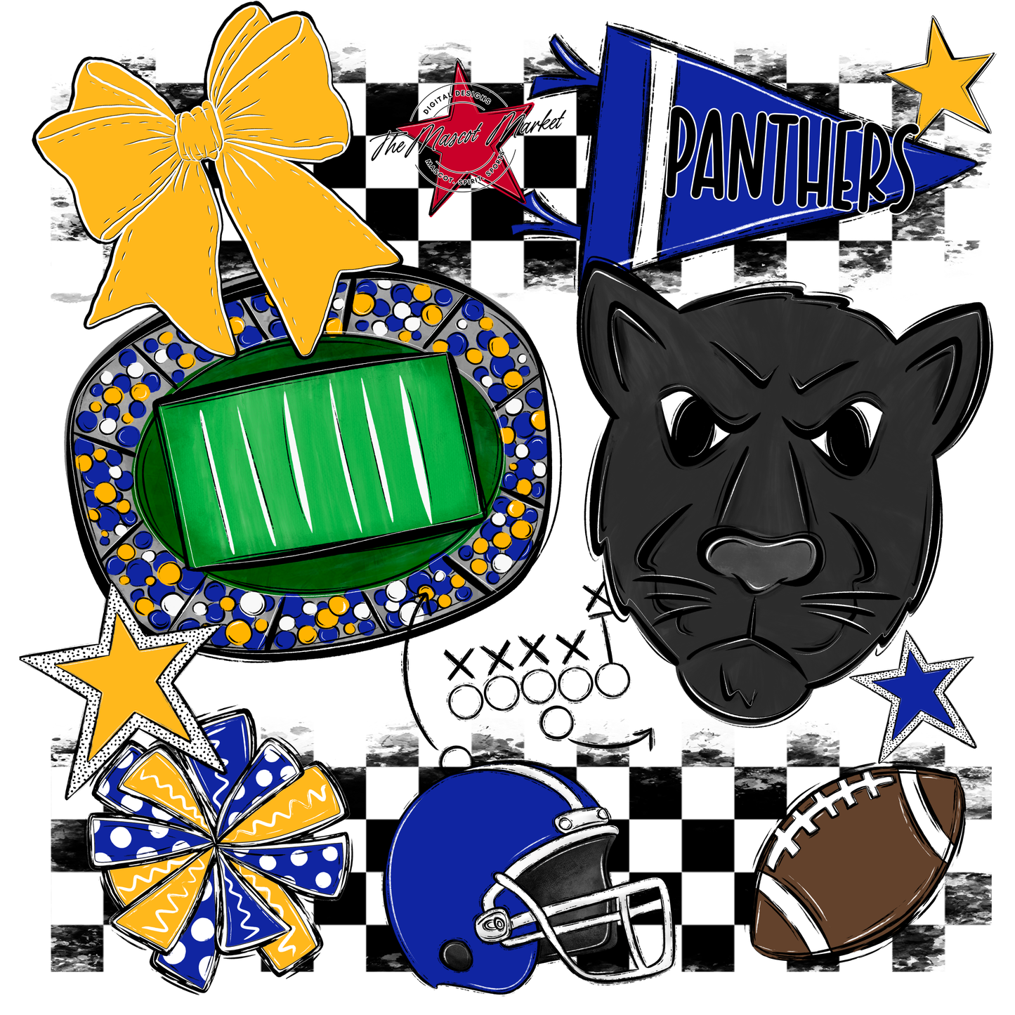 Panthers Checkers Mascot Spirit Design-Royal Blue-Yellow