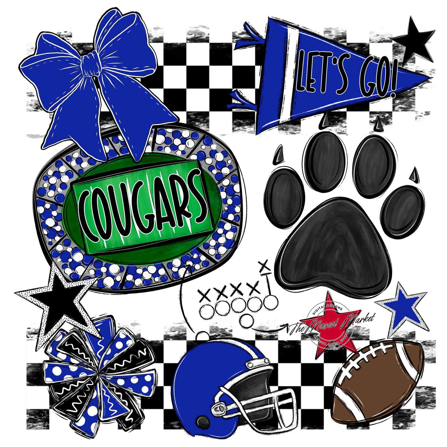 Cougars Checkers Mascot Spirit Design w Paw-Royal Blue