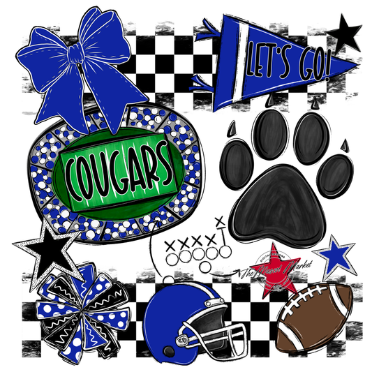 Cougars Checkers Mascot Spirit Design w Paw-Royal Blue