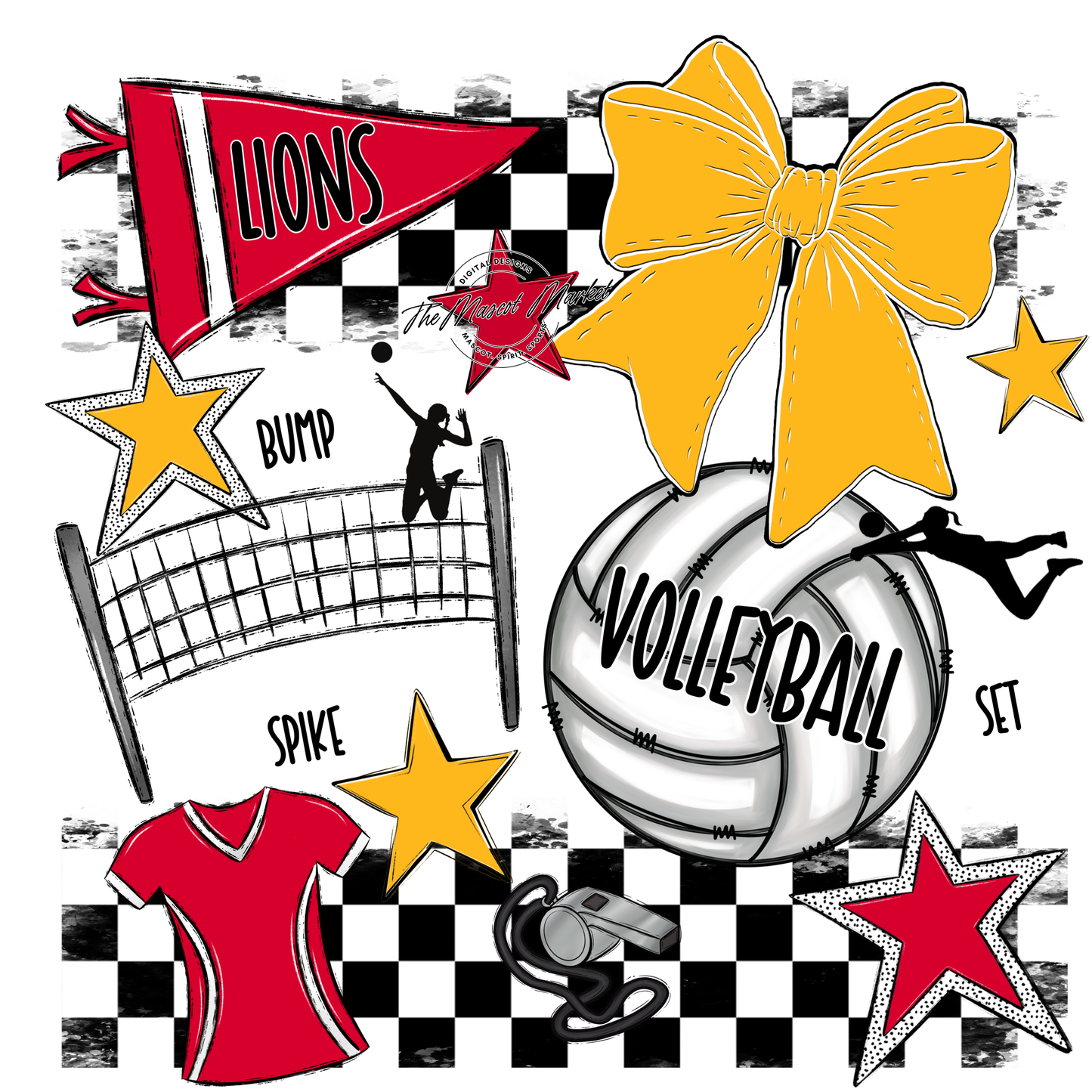 Lions Checkers Volleyball Spirit Design-Red-Yellow