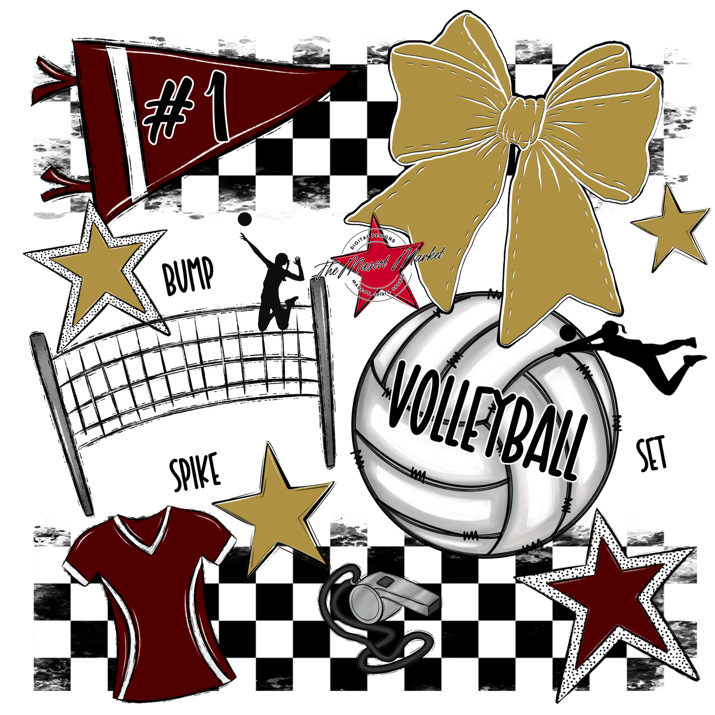 Volleyball Checkers Spirit Design-Maroon-Gold
