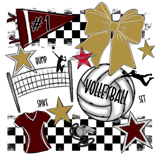Volleyball Checkers Spirit Design-Maroon-Gold