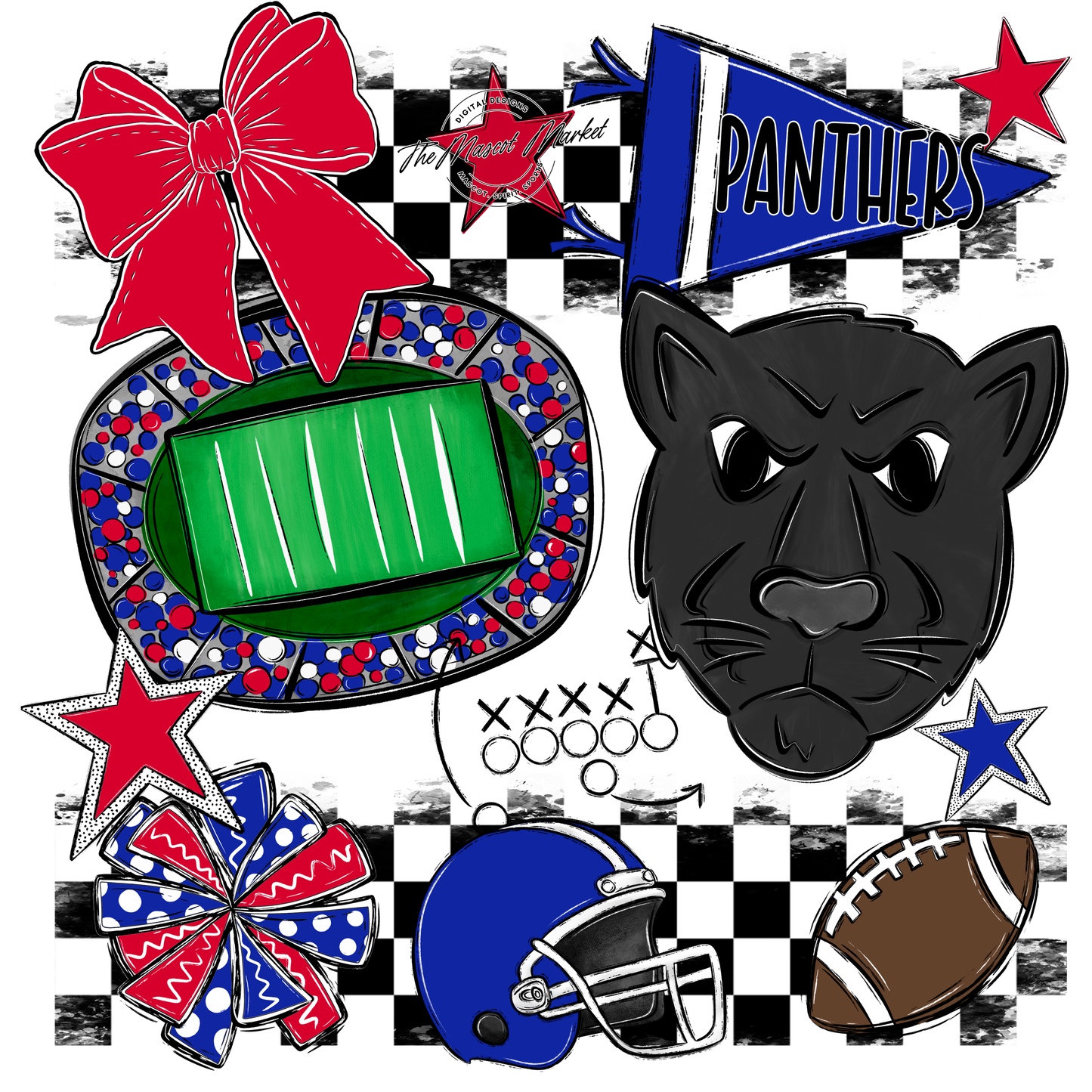 Panthers Checkers Mascot Spirit Design-Royal Blue-Red