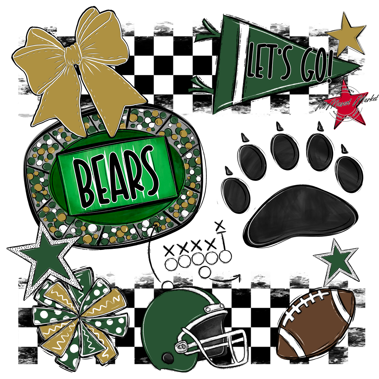 Bears Checker Spirit Design w Paw-Green-Gold
