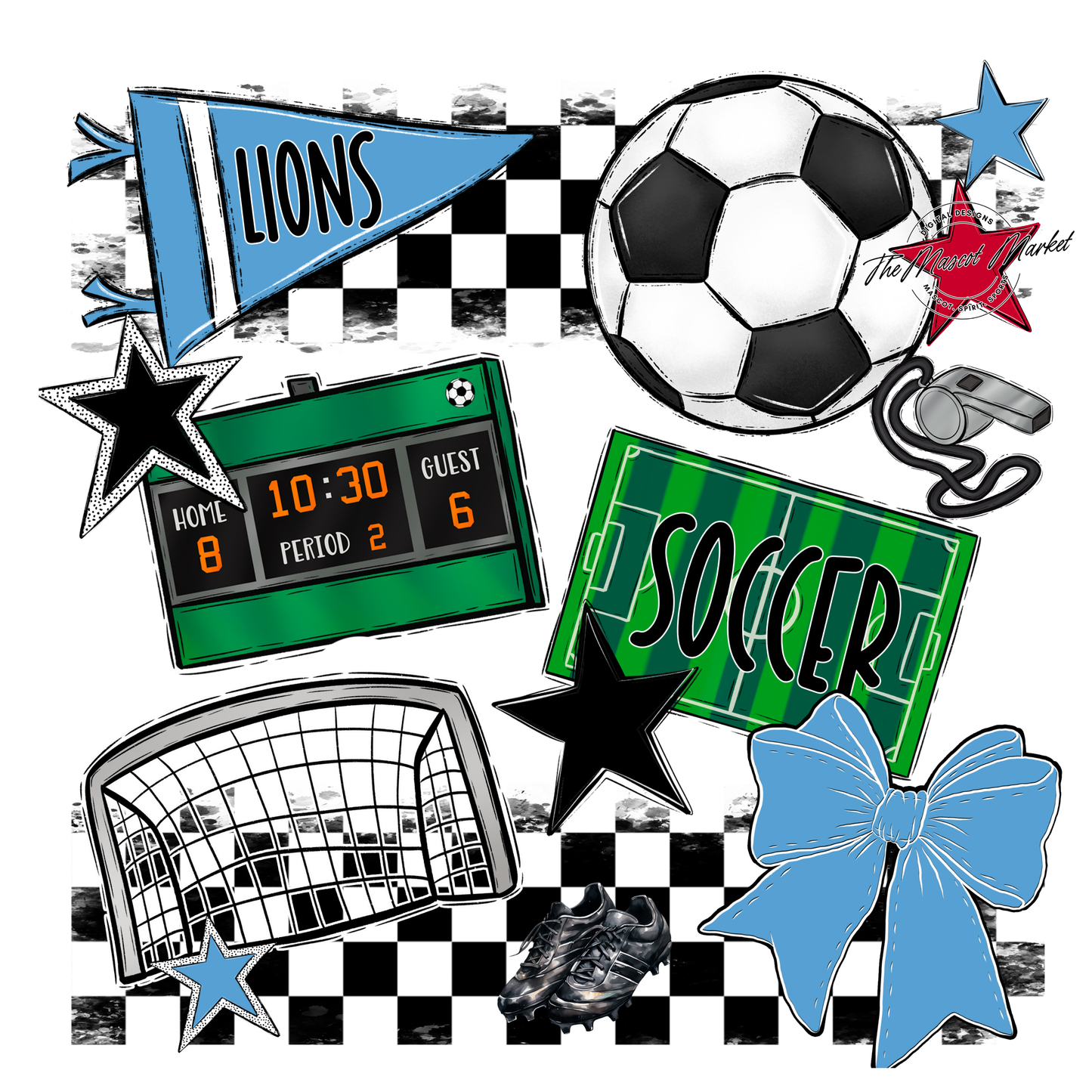 Lions Checkers Soccer Spirit Design-Carolina Blue