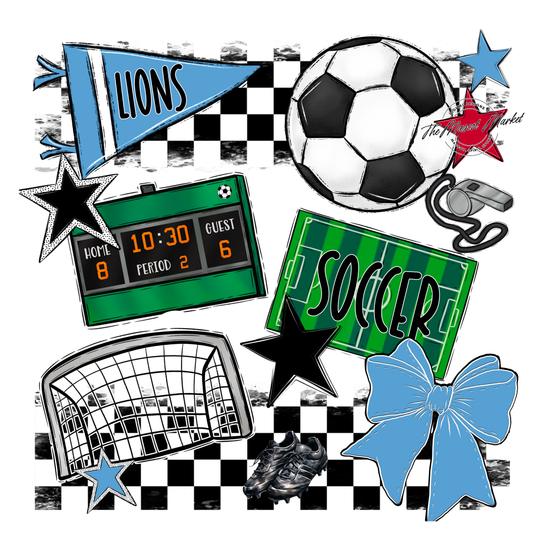 Lions Checkers Soccer Spirit Design-Carolina Blue