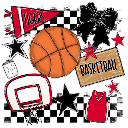 Tigers Checkers Basketball Spirit Design-Bright Red