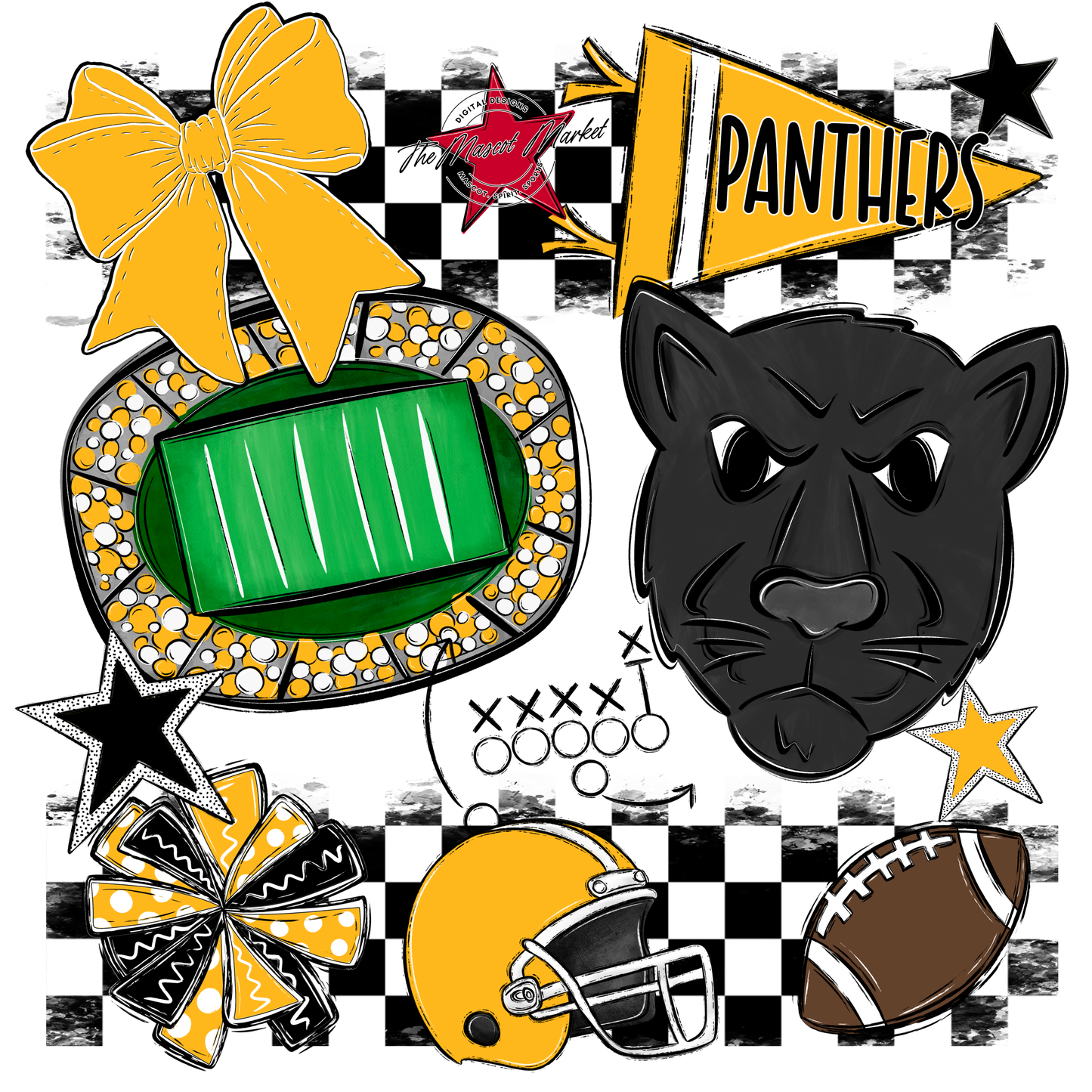 Panthers Checkers Mascot Spirit Design-Yellow