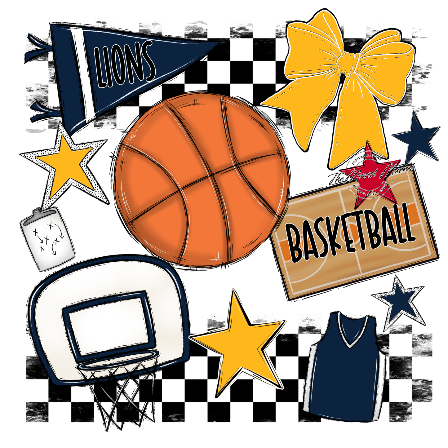 Lions Checkers Basketball Spirit Design-Navy-Yellow