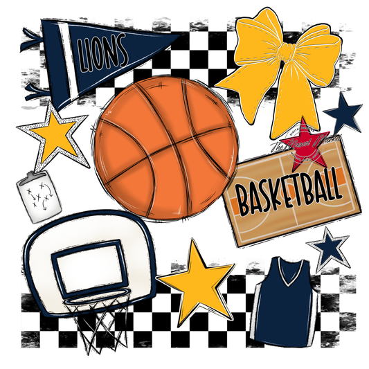 Lions Checkers Basketball Spirit Design-Navy-Yellow