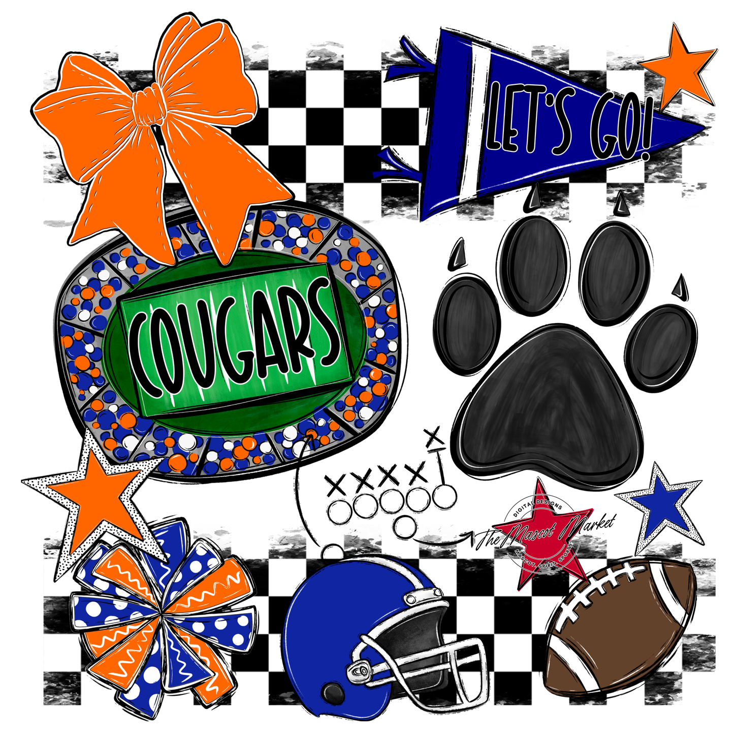 Cougars Checkers Mascot Spirit Design w Paw-Blue-Orange