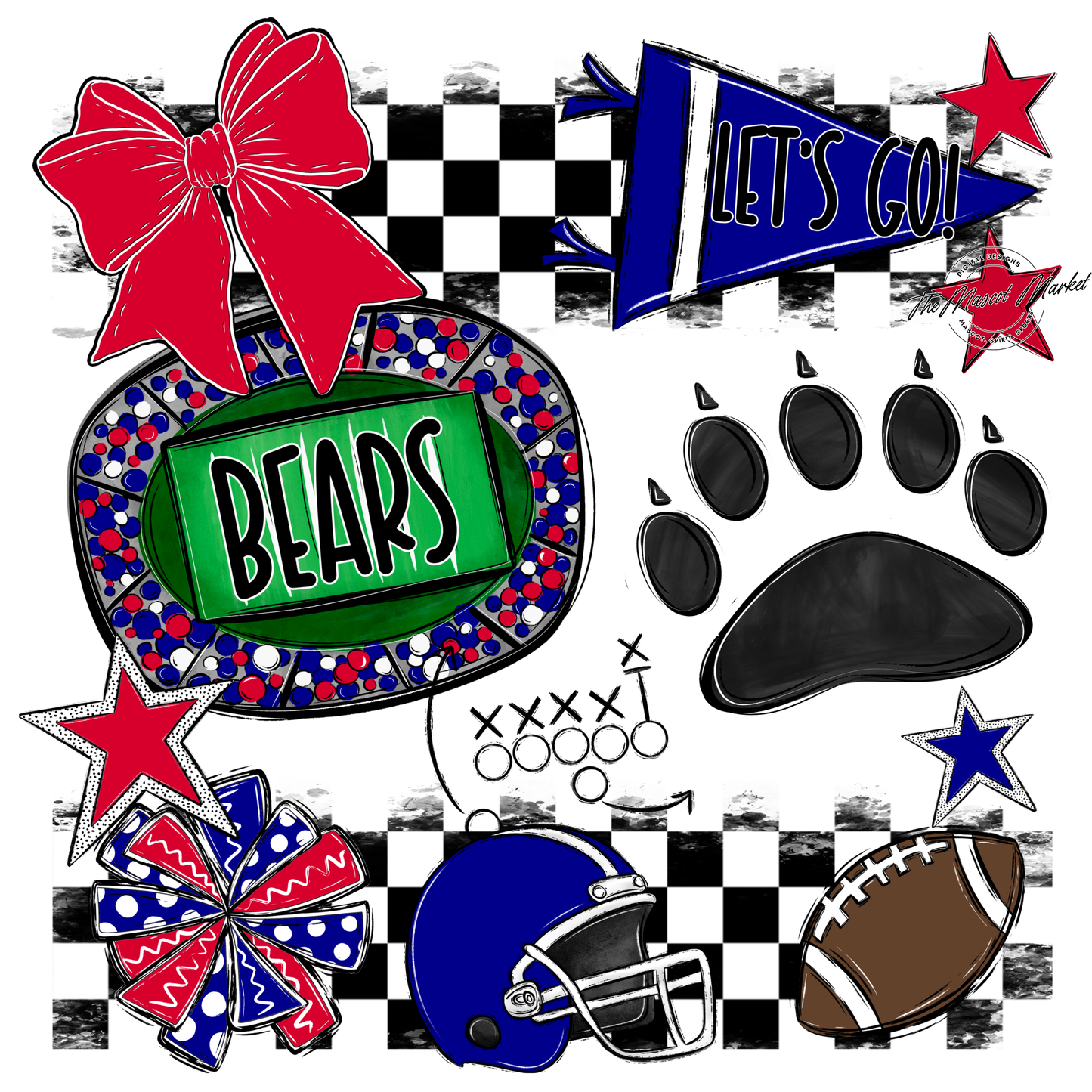 Bears Checker Spirit Design w Paw-Blue-Red