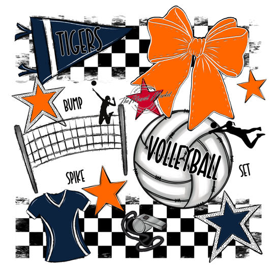 Tigers Checkers Volleyball Spirit Design-Navy-Orange