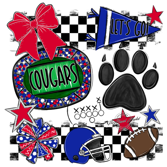 Cougars Checkers Mascot Spirit Design w Paw-Royal Blue-Red