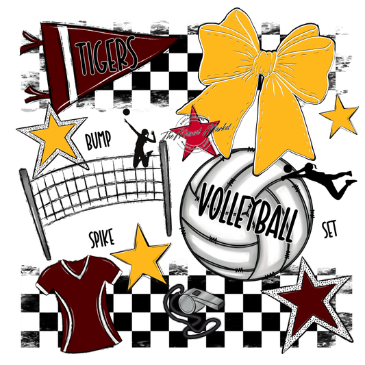 Tigers Checkers Volleyball Spirit Design-Maroon-Yellow