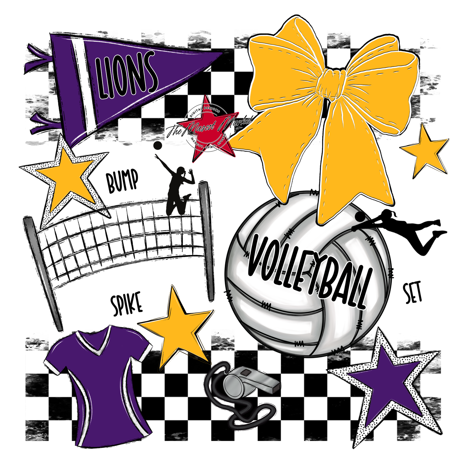 Lions Checkers Volleyball Spirit Design-Purple-Yellow