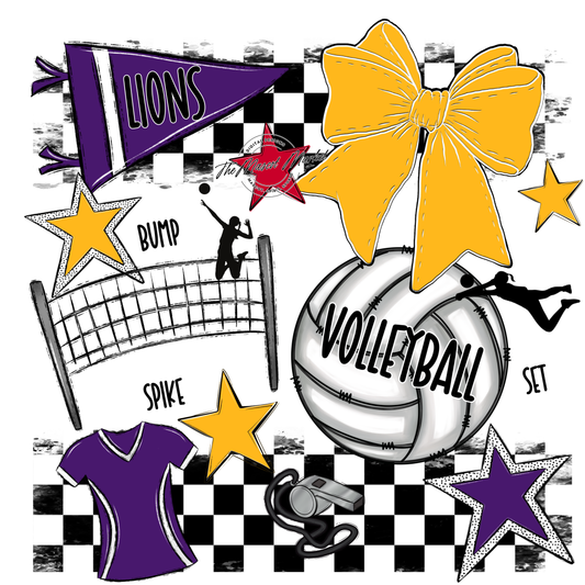 Lions Checkers Volleyball Spirit Design-Purple-Yellow