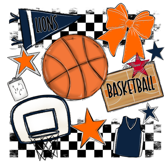 Lions Checkers Basketball Spirit Design-Navy-Orange