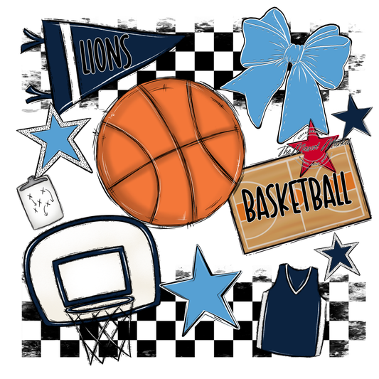 Lions Checkers Basketball Spirit Design-Navy-Carolina Blue