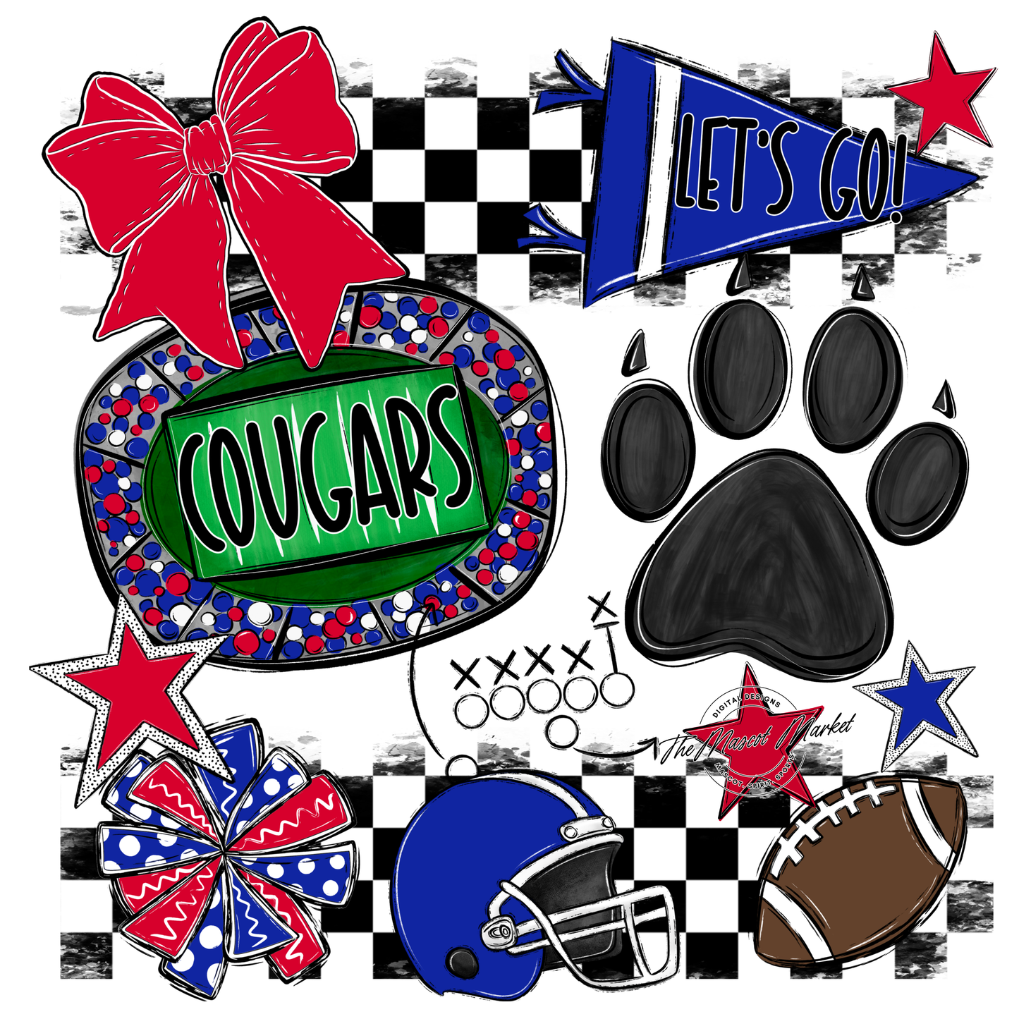 Cougars Checkers Mascot Spirit Design w Paw-Blue-Red