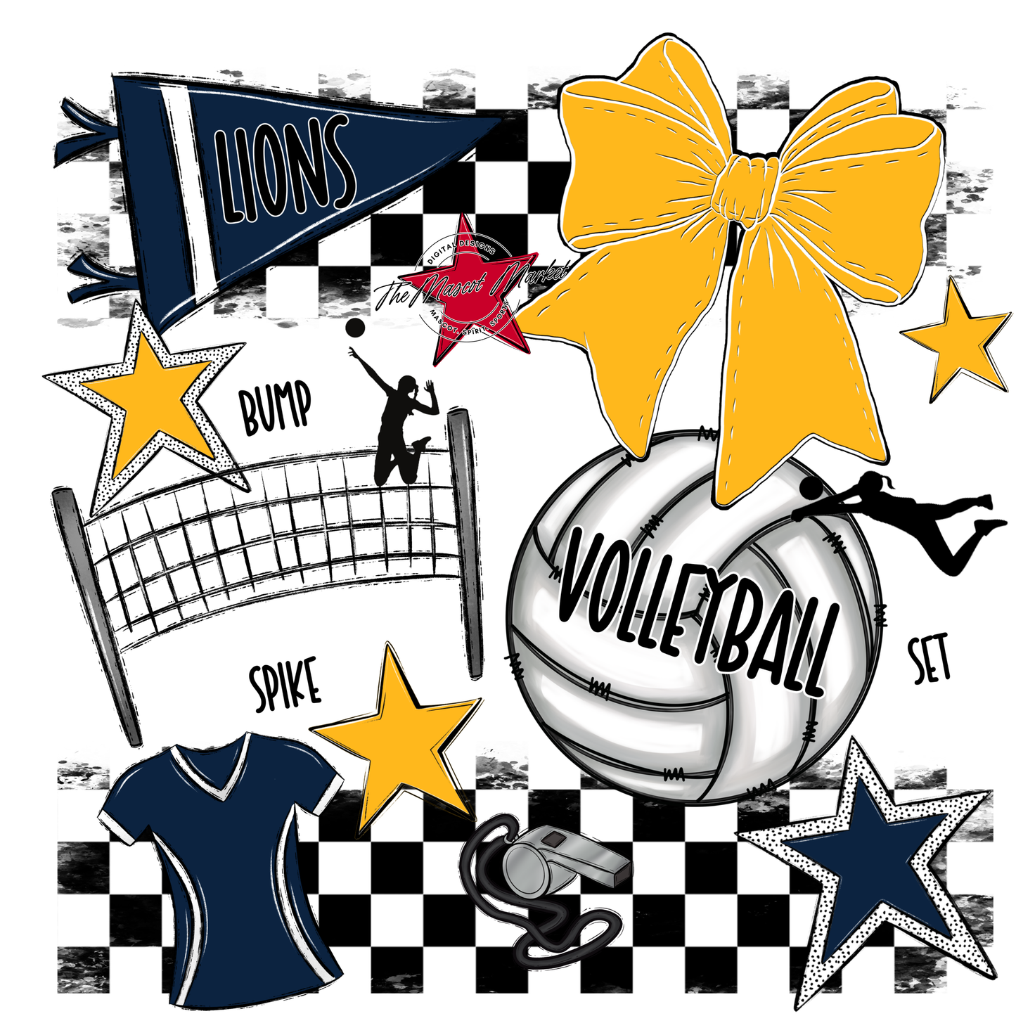 Lions Checkers Volleyball Spirit Design-Navy-Yellow
