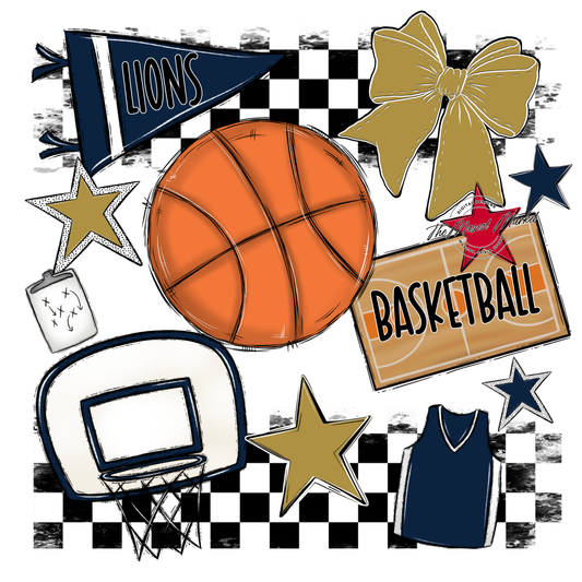 Lions Checkers Basketball Spirit Design-Navy-Gold