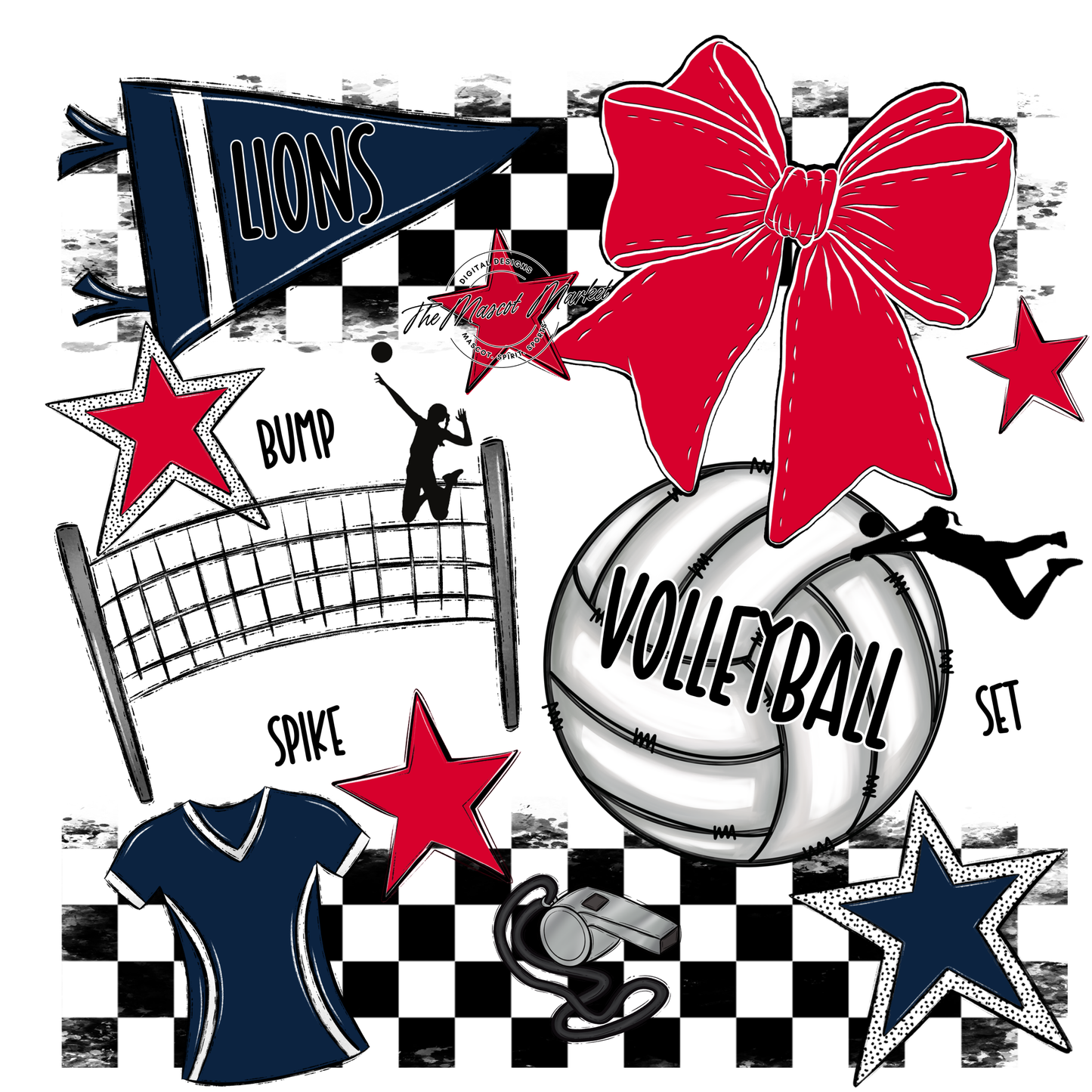 Lions Checkers Volleyball Spirit Design-Navy-Red