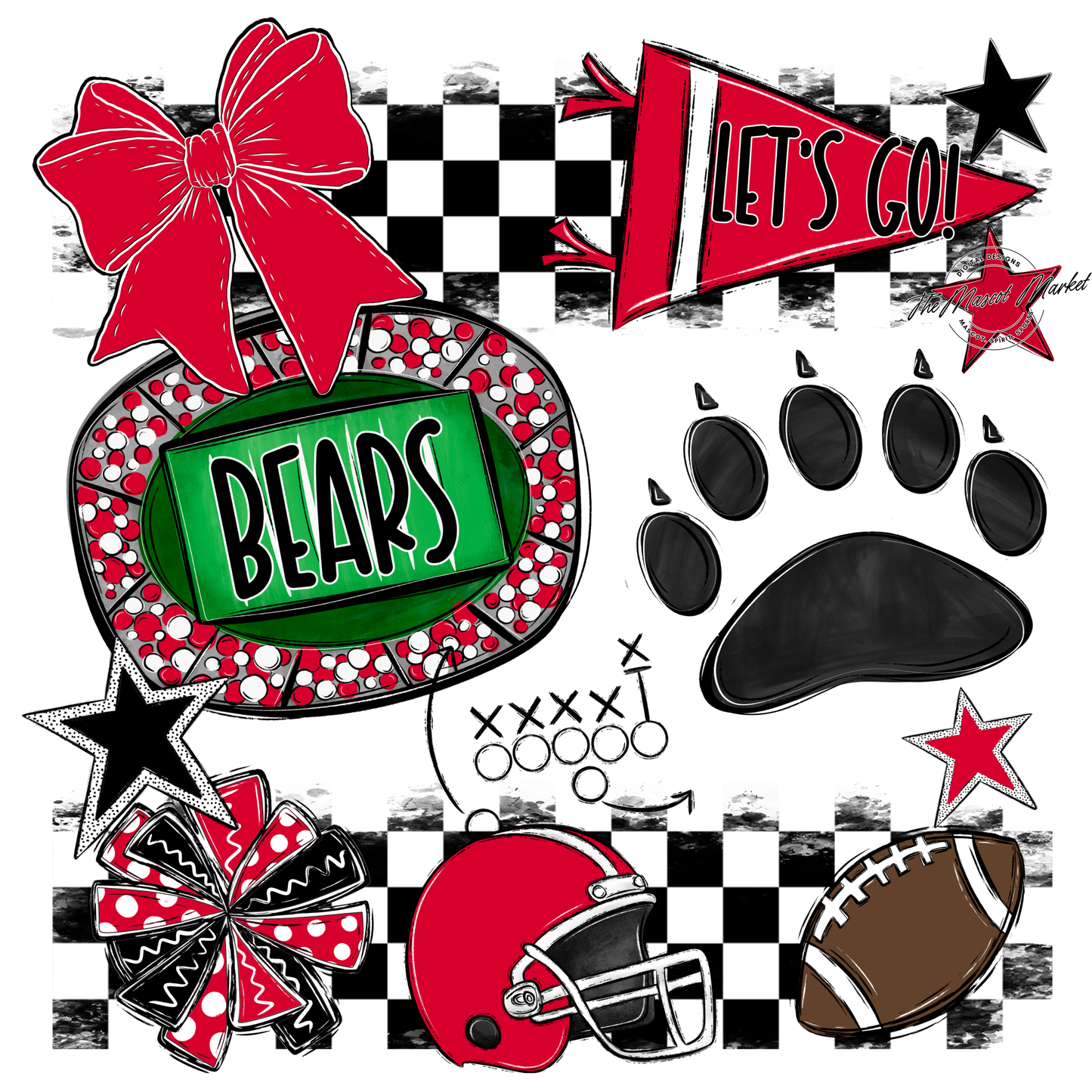 Bears Checker Spirit Design w Paw-Red