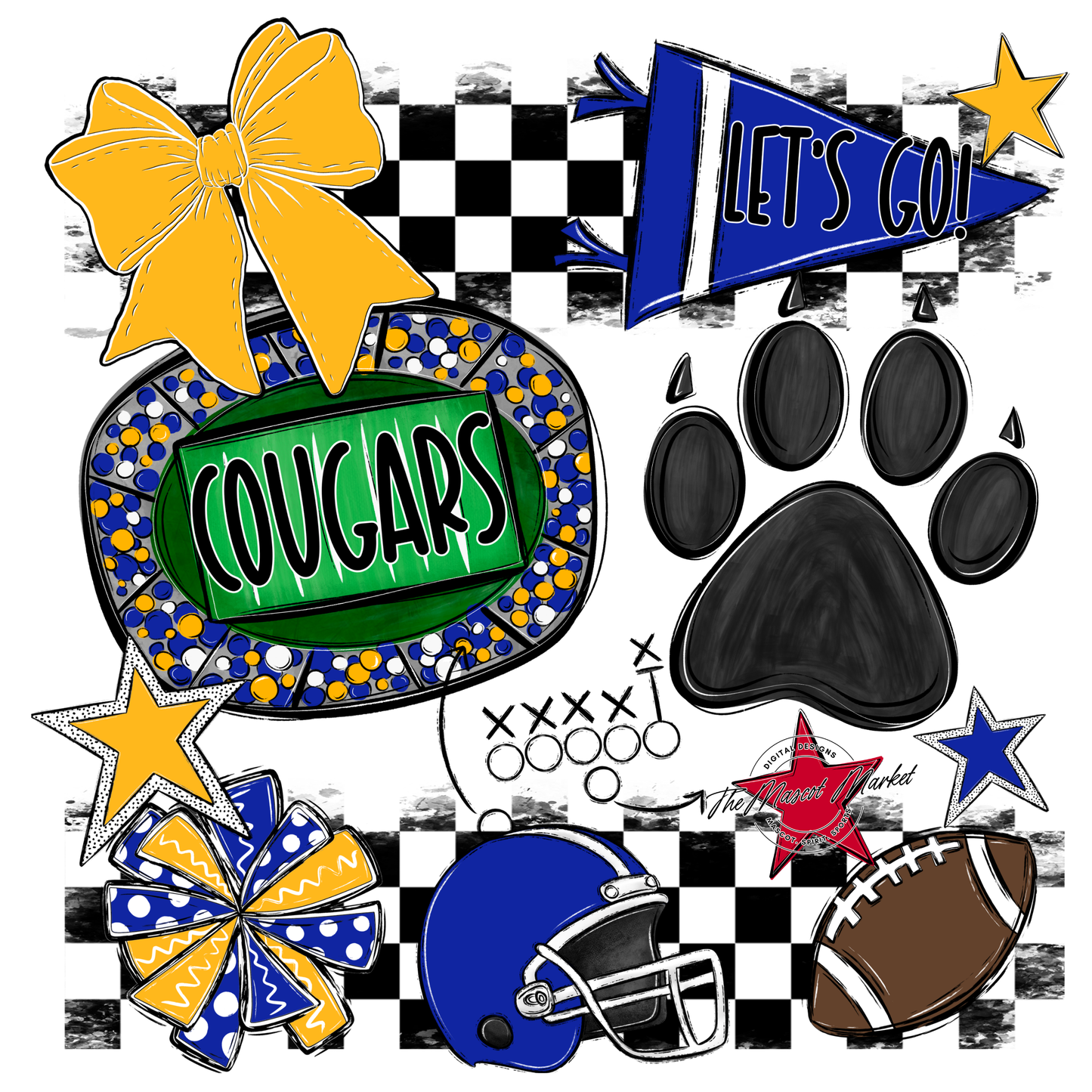 Cougars Checkers Mascot Spirit Design w Paw-Royal Blue-Yellow