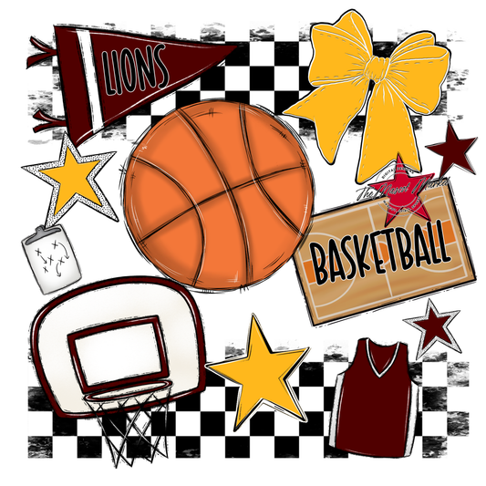 Lions Checkers Basketball Spirit Design-Maroon-Yellow