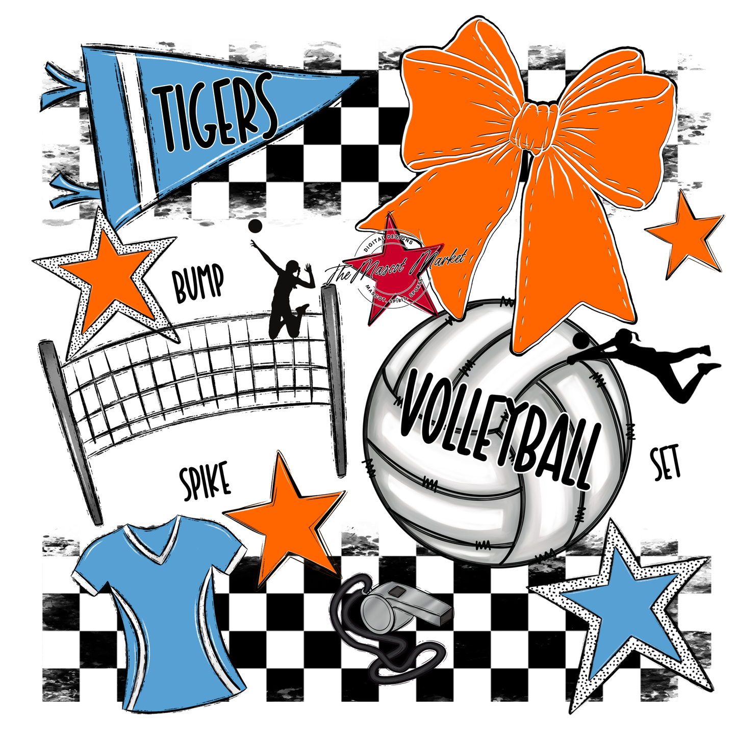 Tigers Checkers Volleyball Spirit Design-Carolina Blue-Orange