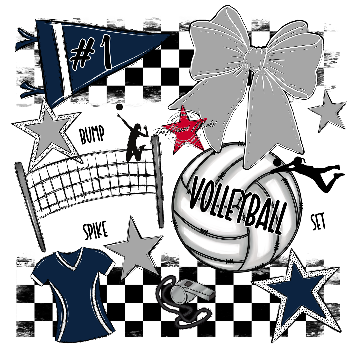 Volleyball Checkers Spirit Design-Navy-Grey