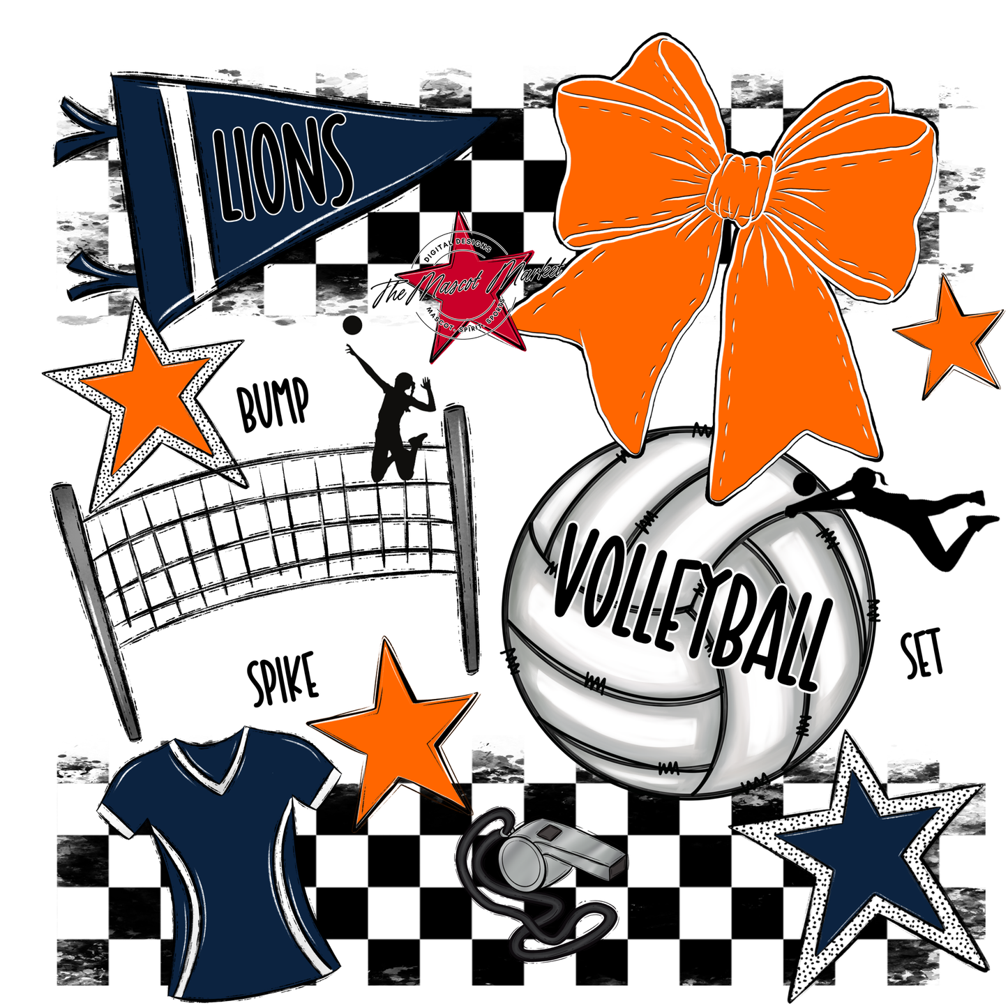 Lions Checkers Volleyball Spirit Design-Navy-Orange