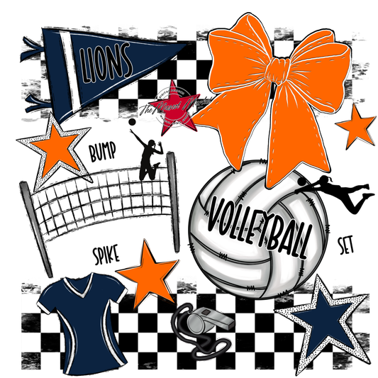 Lions Checkers Volleyball Spirit Design-Navy-Orange