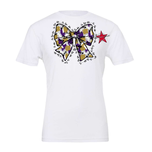 Go, Fight, Win, Splatter Bow Design-Purple-Gold