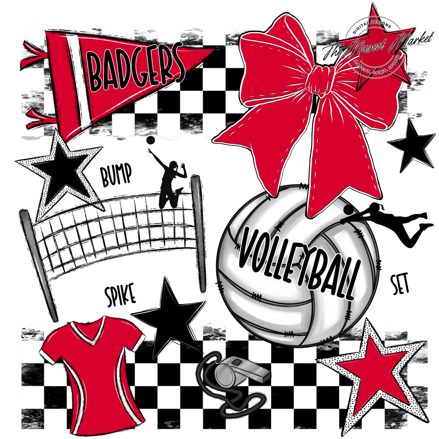 Badgers Volleyball  Checkers Design-Red