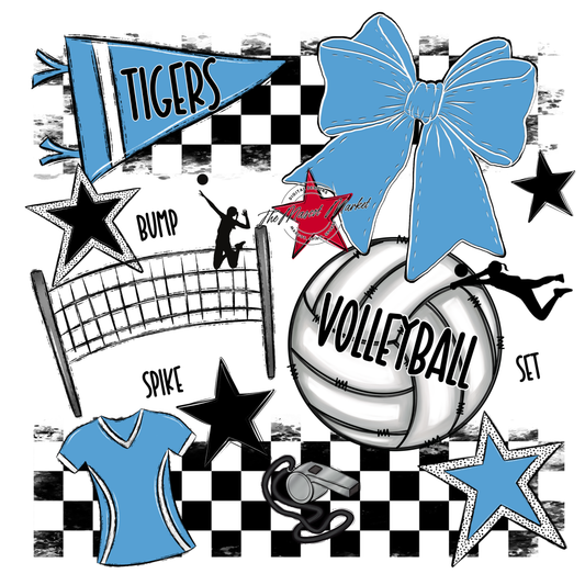 Tigers Checkers Volleyball Spirit Design-Carolina Blue