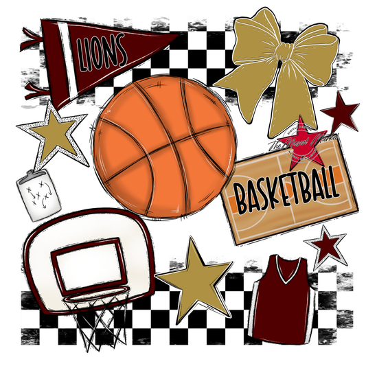 Lions Checkers Basketball Spirit Design-Maroon-Gold