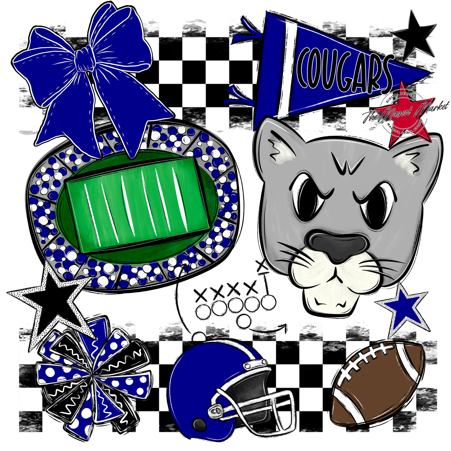 Cougars Checkers Mascot Spirit Design-Blue