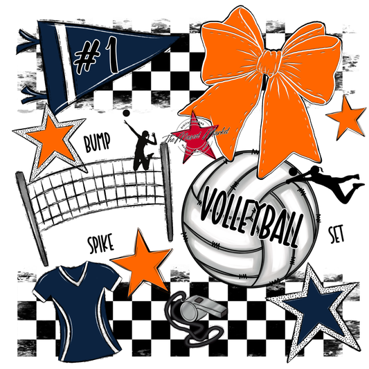 Volleyball Checkers Spirit Design-Navy-Orange
