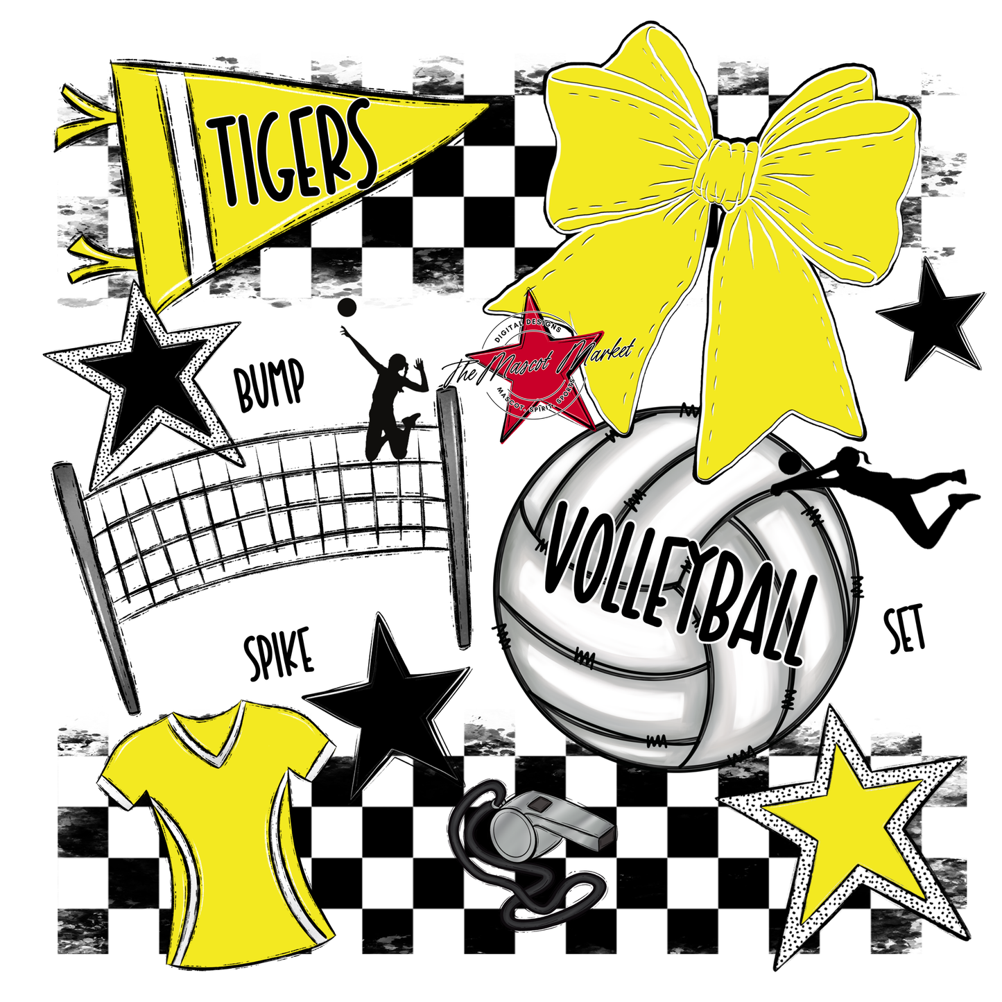 Tigers Checkers Volleyball Spirit Design-Bright Yellow