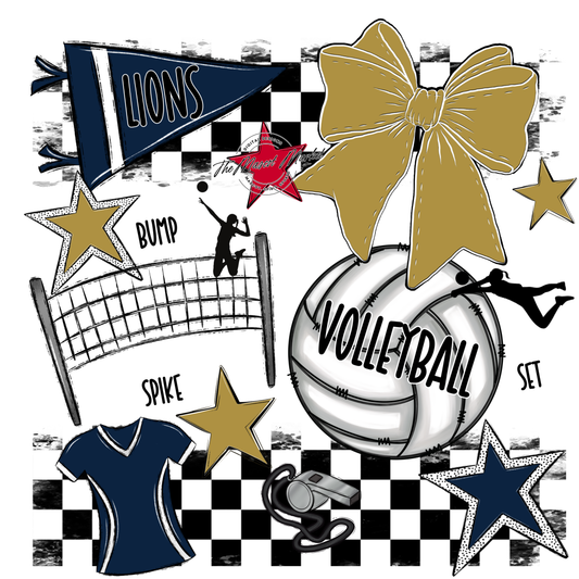 Lions Checkers Volleyball Spirit Design-Navy-Gold