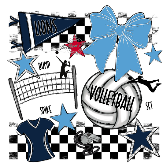 Lions Checkers Volleyball Spirit Design-Navy-Carolina Blue