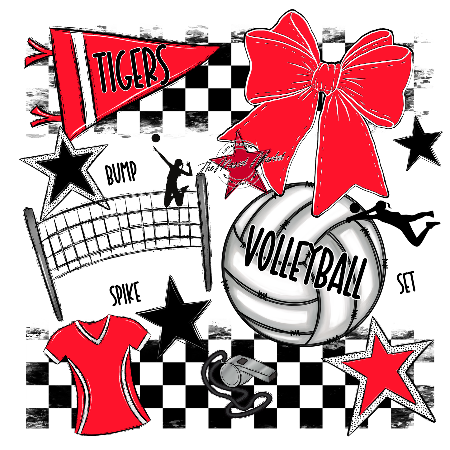 Tigers Checkers Volleyball Spirit Design-Bright Red