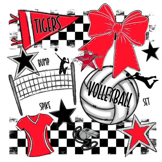 Tigers Checkers Volleyball Spirit Design-Bright Red