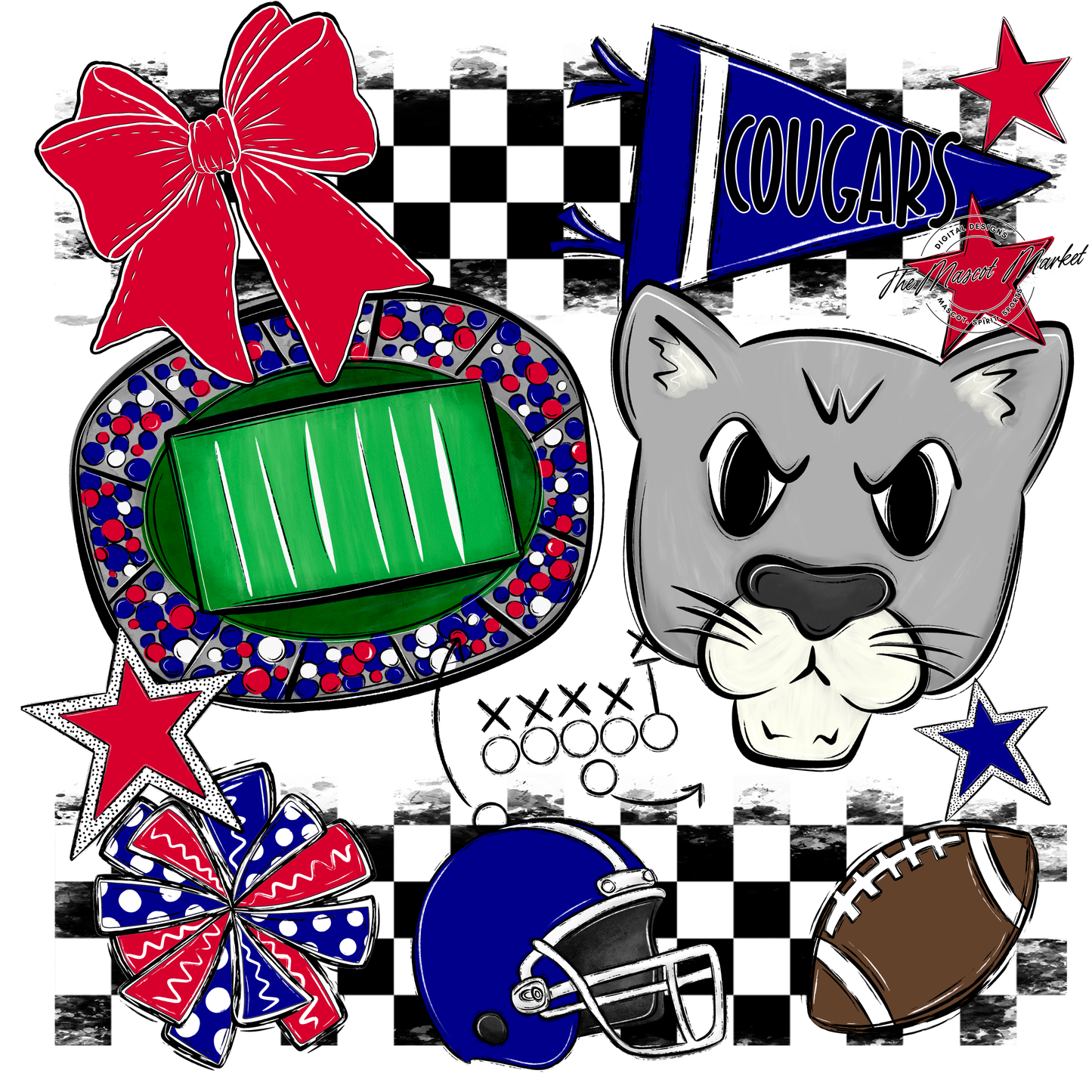 Cougars Checkers Mascot Spirit Design-Blue-Red