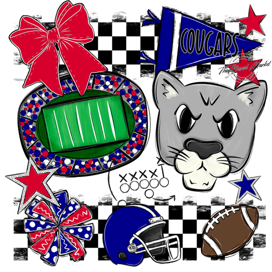 Cougars Checkers Mascot Spirit Design-Blue-Red