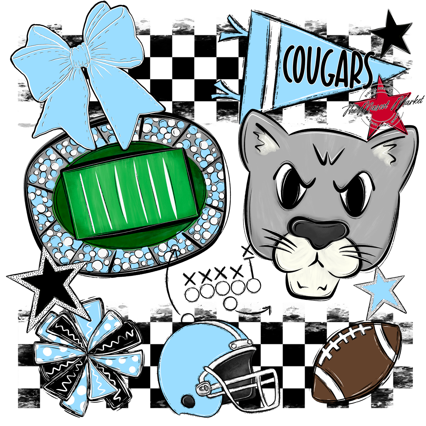 Cougars Checkers Mascot Spirit Design-Columbia Blue